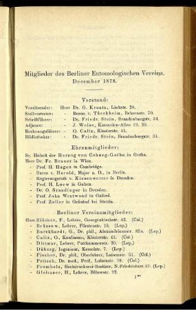 Mitglieder des Berliner Entomologischen Vereins. December 1878