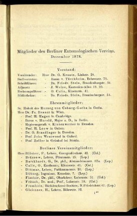 Mitglieder des Berliner Entomologischen Vereins. December 1878