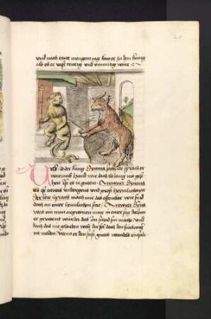 Dimna vor dem Löwenkönig; (Kapitel II: Von dem Löwen und dem Ochsen)