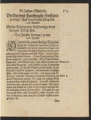 Die Ein und Funfftzigste Hochzeitpredigt/ ... Die Fünffte Predigt/ in den 128. Psalm.
