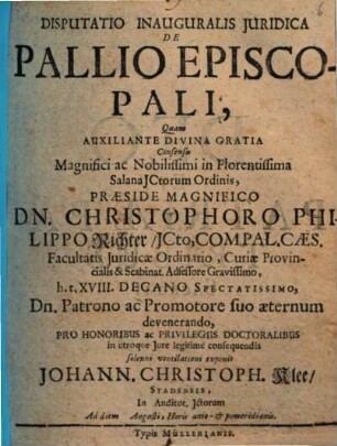 Disputatio inauguralis iuridica de pallio episcopali