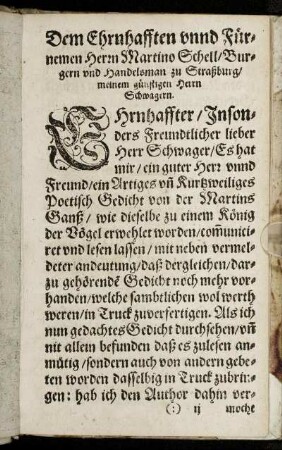 Dem Ehrnhafften unnd Fürnemen Herrn Martino Schell/ Burgern und Handelsmann zu Straßburg [...]