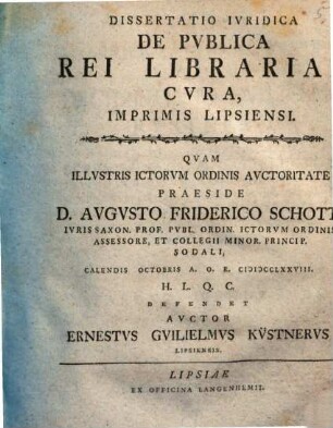 Diss. iur. de publica rei librariae cura, imprimis Lipsiensi