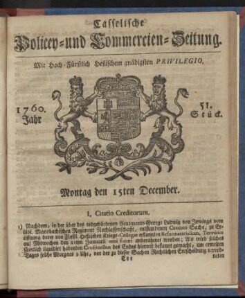 51. Stueck, Montag den 15ten December 1760