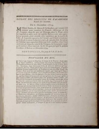 Extrait des Registers de L'academie Royale des Sciences.