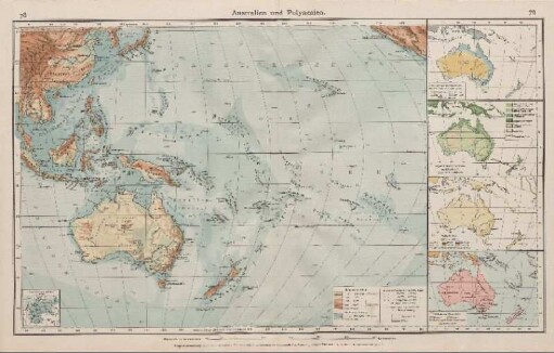 Australien und Polynesien, I. Niederschlagsmengen, II. Vegetationsverhältnisse, III. Volksdichte, IV. Politische Übersicht