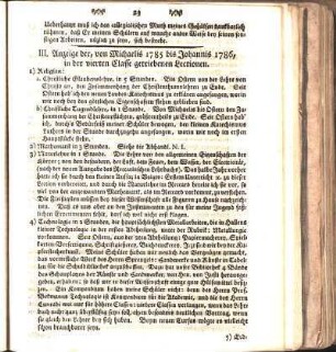 III. Anzeige der, von Michaelis 1785 bis Johannis 1786, in der vierten Classe getriebenen Lectionen.