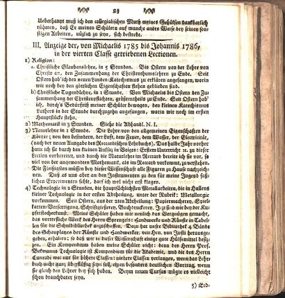 III. Anzeige der, von Michaelis 1785 bis Johannis 1786, in der vierten Classe getriebenen Lectionen.