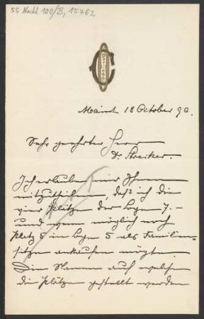 Brief an Ludwig Strecker , B. Schott's Söhne und Mainzer Liedertafel und Damengesangverein : 18.10.1890