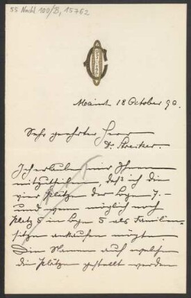 Brief an Ludwig Strecker <senior>, B. Schott's Söhne und Mainzer Liedertafel und Damengesangverein : 18.10.1890