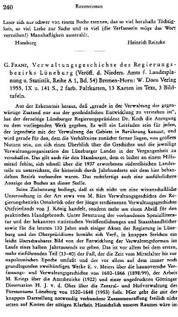Franz, G. :: Verwaltungsgeschichte des Regierungsbezirks Lüneburg, (Veröffentlichungen des Niedersächsischen Amtes für Landesplanung und Statistik, Reihe A1, 54) : Bremen-Horn, Dorn, 1955