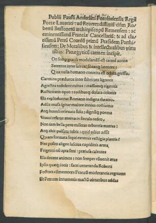 Publii Fausti Andrelini Foroliviensis Regii Poetae Laureati ... Panaegyricum carmen incipit.