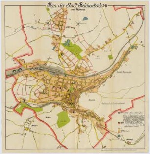 Stadtplan von Reichenbach im Vogtland, 1:5 000, Lithographie, 1924 : Plan der Stadt Reichenbach i. V. und Umgebung. - [Ca. 1:5 000]. - Reichenbach i. V. : Hübler , [1924]. - 1 Kt. : mehrfarb. ; 62 x 64 cm