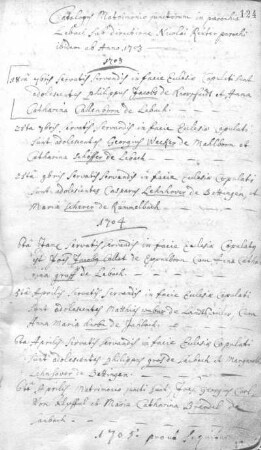 Catalogus Matrimonio pinctorum in parochia Lebach sub directione Nicolai Reuter parochi ibidem ab Anno 1703