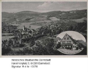 Reichelsheim im Odenwald, Panorama / unten links in Medaillon: Ansicht von Gasthaus und Pension 'Zum Schwanen' (Inhaber J. Treusch)