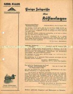 Einige Zeugnisse über Kühlanlagen