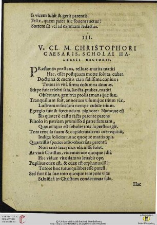 III. V. Cl. M. Christophori Caesaris, scholae Halensis Rectoris