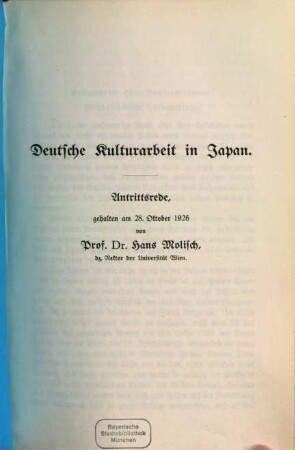 Deutsche Kulturarbeit in Japan : Antrittsrede, gehalten am 28. Oktober 1926