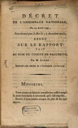 Decret de l'Assemblée nationale du 14. Avr. 1791