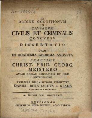 De Ordine Cognitionvm In Cavsarvm Civilis Et Criminalis Concursv Dissertatio