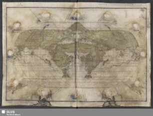 [Ovale Weltkarte mit Route der Weltumseglung Magellans und Route Spanien-Peru, umrahmt von den zwölf Winden]