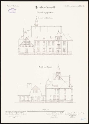 Lazarett der Artilleriekaserne, Wiesbaden: Verwaltungsgebäude: Aufriss Nordwestansicht, Südwestansicht 1:100