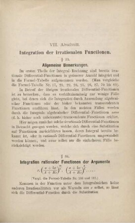 VIII. Abschnitt. Integration der irrationalen Functionen. § 33. Allgemeine Bemerkungen.