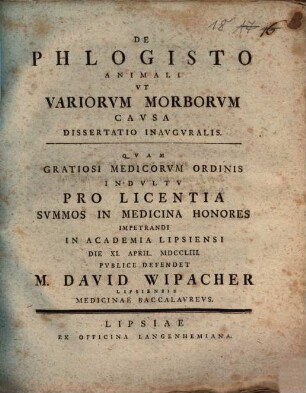 De Phlogisto Animali Vt Variorvm Morborvm Cavsa Dissertatio Inavgvralis