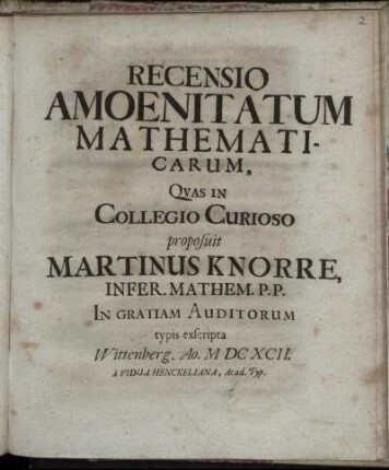 Recensio Amoenitatum Mathematicarum