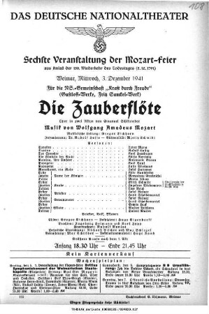 Sechste Veranstaltung der Mozart-Feier [...] Die Zauberflöte