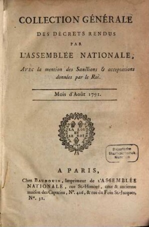 Collection générale des décrets rendus par l'Assemblée Nationale. 1791, Aug.