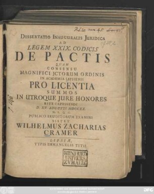 Dissertatio Inauguralis Juridica Ad Legem XXIX. Codicis De Pactis