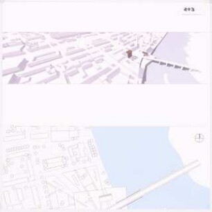 Informations- und Begegnungszentrum an der Stadtbrücke, Frankfurt/Oder Schinkelwettbewerb 2006: Perspektivische Ansicht (Vogelschau), Lageplan 1:1000