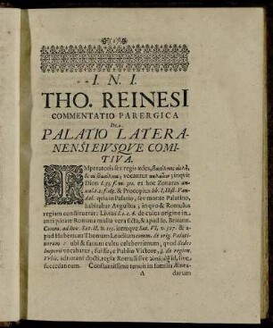 Commentatio Parergica De Palatio Lateranensi Eiusque Comitiva