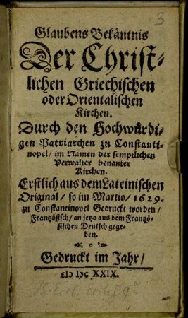 Glaubens Bekäntnis Der Christlichen Griechischen oder Orientalischen Kirchen