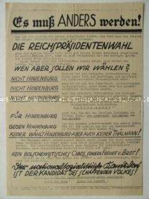 Flugblatt zur Reichspräsidentenwahl 1932 mit Wahlaufruf für den nationalsozialistischen Kandidaten, für andere Zustände und gegen Hindenburg