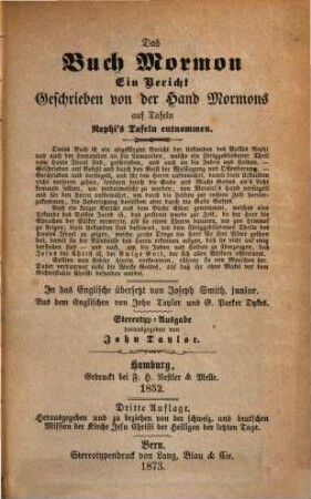 Das Buch Mormon : ein Bericht geschrieben von der Hand Mormon's auf Tafeln Nephi's Tafeln entnommen