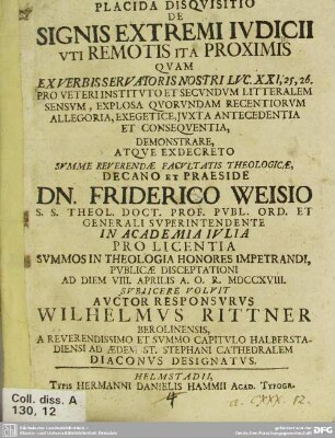 Placida Disquisitio De Signis Extremi Iudicii Uti Remotis Ita Proximis