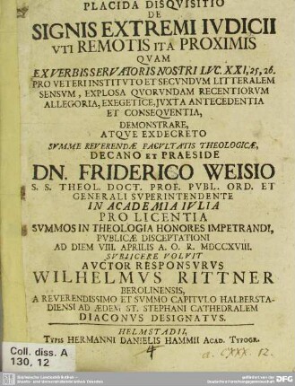 Placida Disquisitio De Signis Extremi Iudicii Uti Remotis Ita Proximis