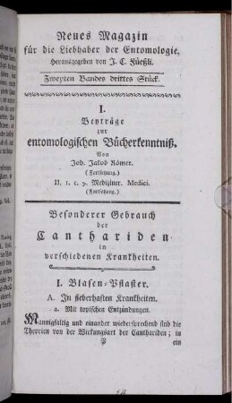 I. Beyträge zur entomologischen Bücherkenntniß.