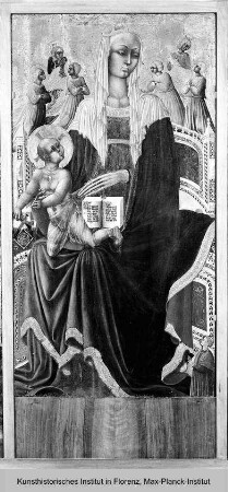 Triptychon mit Aufsätzen: Maria mit dem Kind, Johannes dem Täufer und dem seligen Pietro Crisci : Mitteltafel: Thronende Maria mit dem Kind