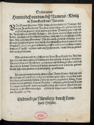 Declaration/ Henrici deß vierdten diß Namens/ König in Franckreich und Navarra.