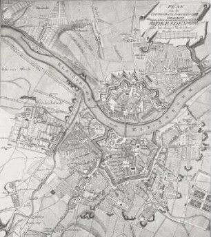 Plan von der Churfürstl. Saechsische Residenz Dresden nebst den übrigen Vorstaedten. Mit Angabe der Flut vom 1. März 1784 (1:8 300)