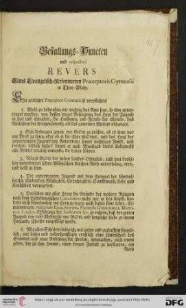 Bestallungs-Puncten und respectivè Revers Eines Evangelisch-Reformirten Praeceptoris Gymnasii in Chur-Pfaltz