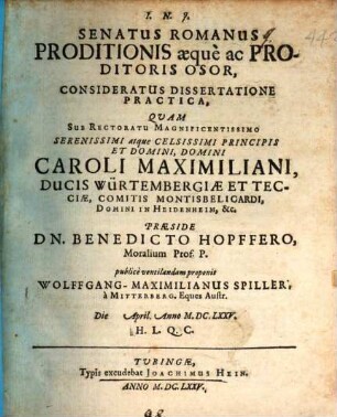 Senatus Romanus proditionis aeque ac proditoris osor, consideratus dissertatione practica