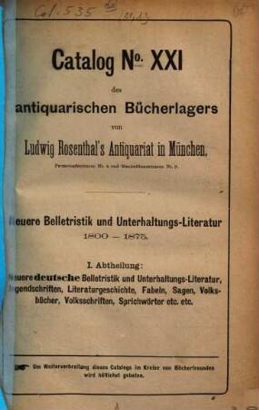 Neuere Belletristik und Unterhaltungs-Literatur : 1800-1875