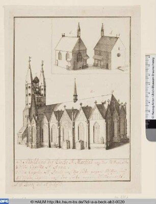Die Kirche St. Martini in Braunschweig, Südseite, mit zwei Ansichten der Paulskapelle