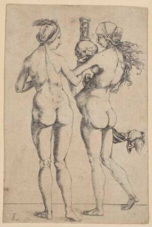 Zwei nackte Frauen mit Totenkopf und Stundenglas (Allegorie auf Leben und Tod)