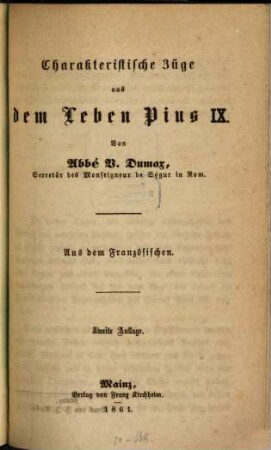 Charakteristische Züge aus dem Leben Pius IX. : aus dem Französischen