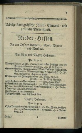 Uebrige Landgraefliche Justiz- Cameral- und geistliche Dienerschaft